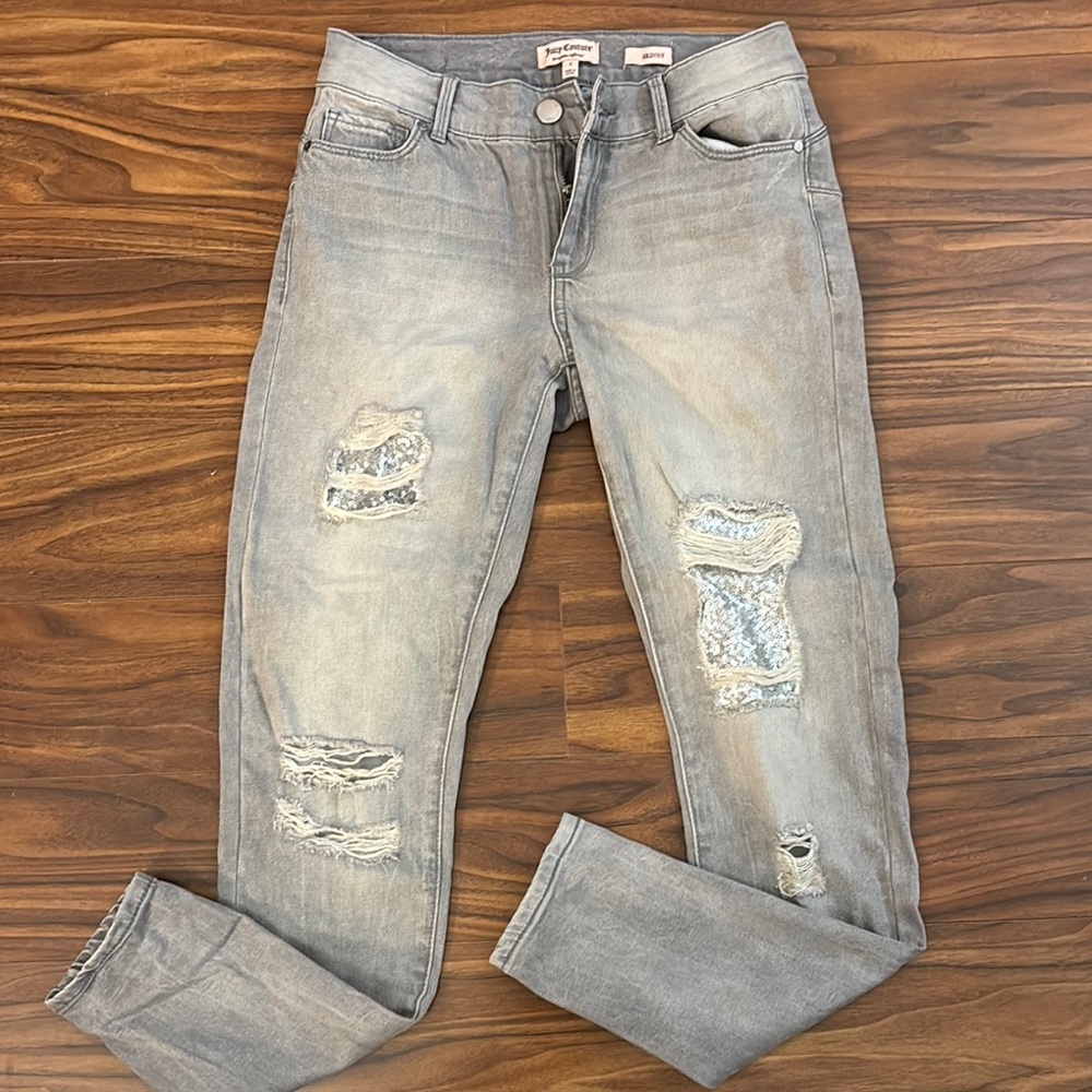 Juicy Couture Gray Distressed Jeans with Silver Sequin Patches